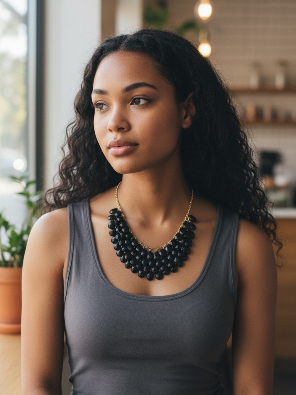 Black Onyx Beads Statement Collar Necklace - Elegant Women's Jewelry